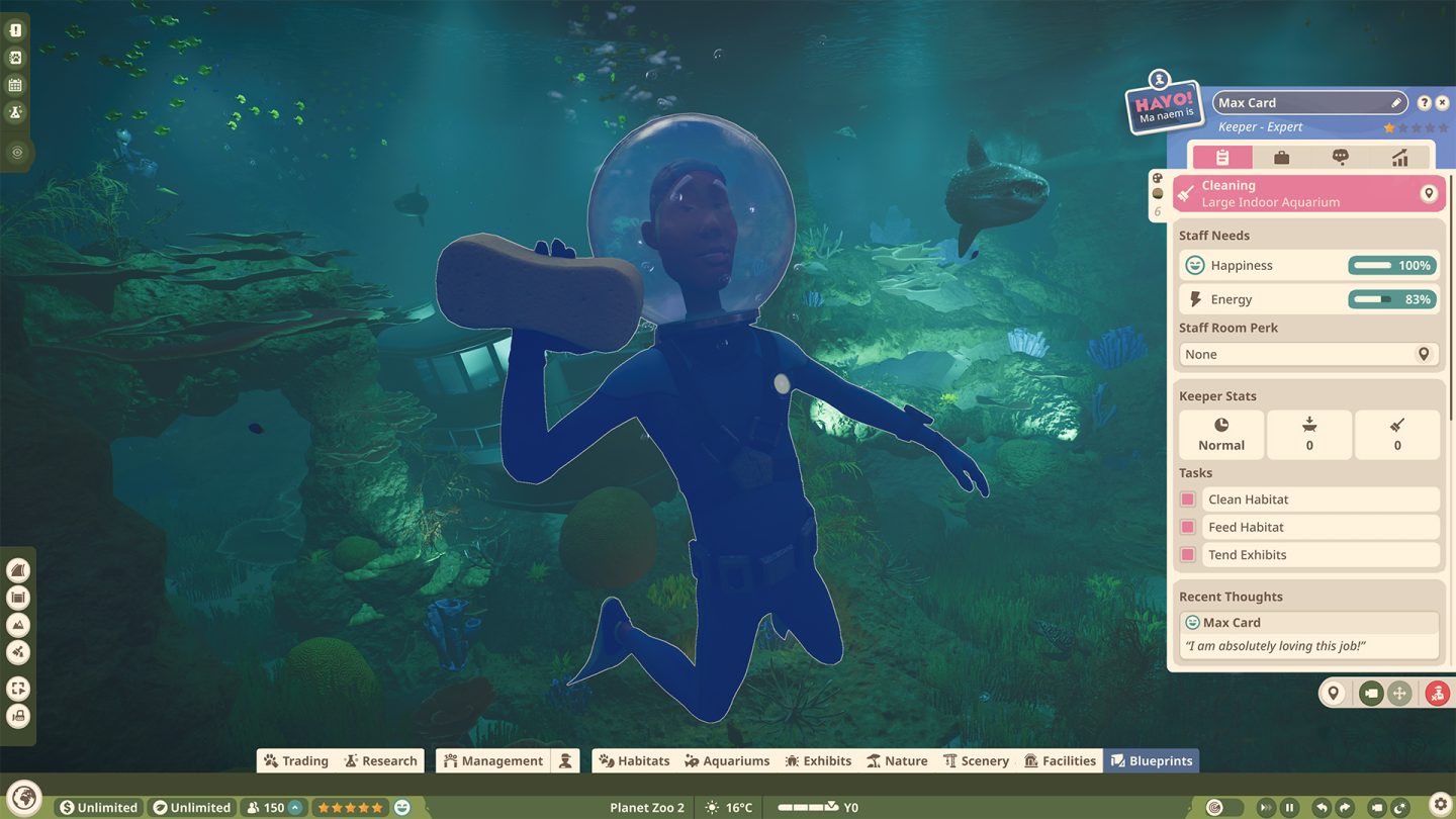 Keeper holding a cleaning sponge underwater with the Cleaning task visible in the right-hand staff panel